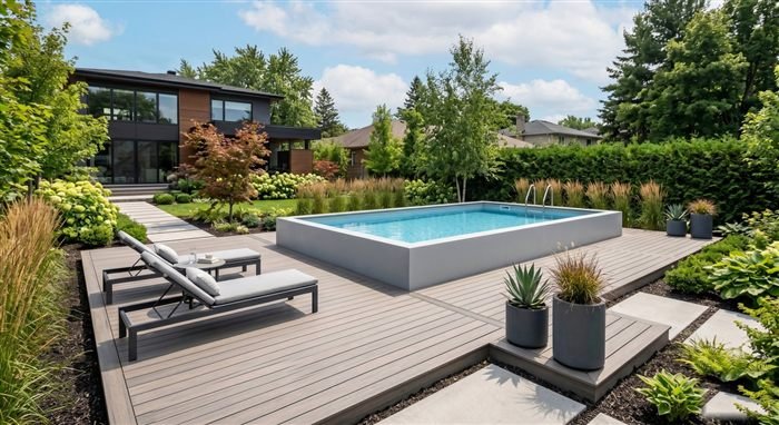 Piscine creusée moderne avec terrasse en composite et aménagement paysager contemporain