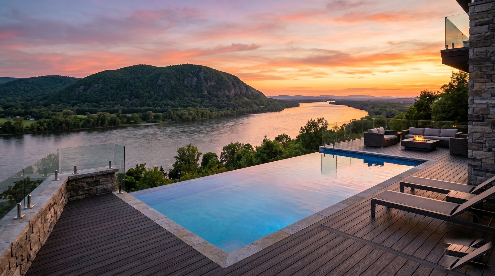 Piscine à débordement au coucher de soleil avec vue panoramique sur le fleuve, terrasse en bois et chaises longues, projet Aqua Élite à Montréal.