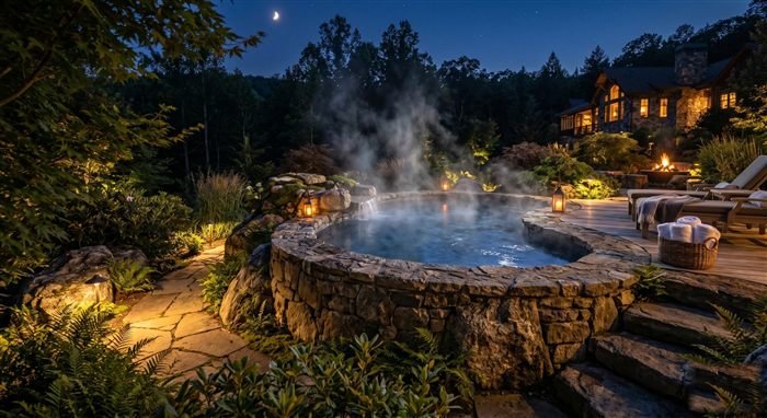 Spa en pierre la nuit avec vapeur d'eau, lanternes allumées et ambiance forêt